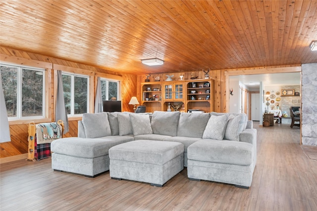 421 Tie Chute Ln, Florence, MT 59833 - living area featuring wooden walls, wood finished floors, wooden ceiling, and a fireplace