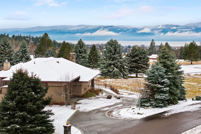 snowy aerial view featuring a mountain view