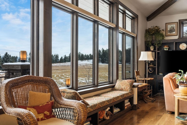 sitting room with hardwood / wood-style floors, plenty of natural light, and beamed ceiling