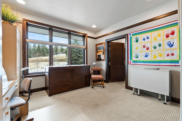 office area featuring light colored carpet