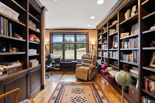 office featuring crown molding and light hardwood / wood-style floors