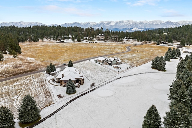 snowy aerial view featuring a mountain view