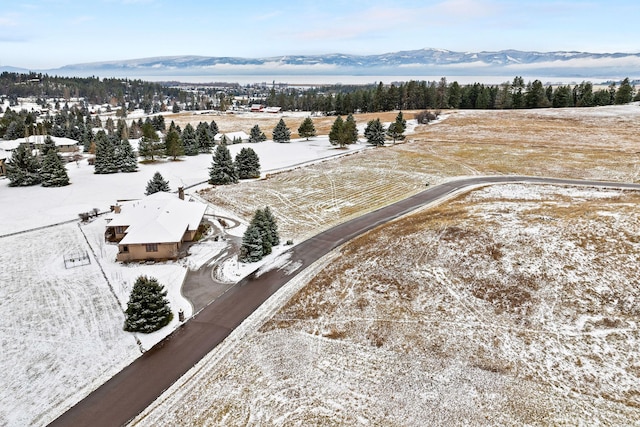 snowy aerial view featuring a mountain view