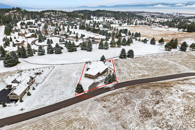 snowy aerial view featuring a mountain view