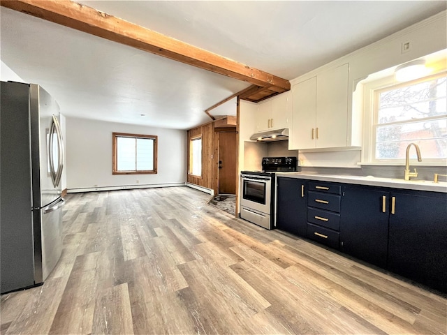 kitchen featuring sink, light wood-type flooring, appliances with stainless steel finishes, beamed ceiling, and white cabinetry