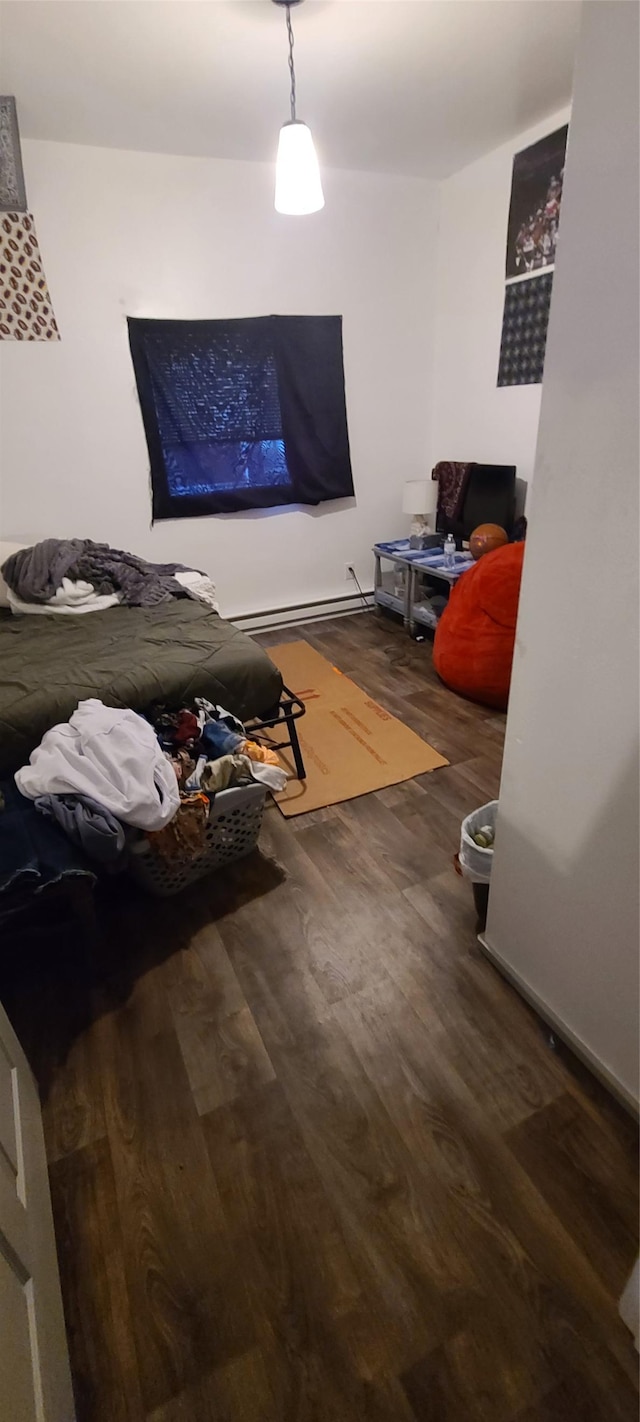 living room featuring wood-type flooring and a baseboard heating unit