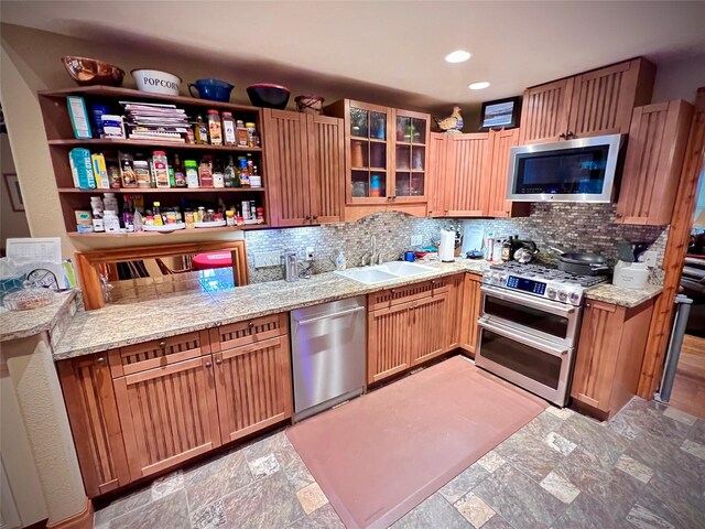 kitchen with decorative backsplash, stainless steel appliances, light stone counters, and sink