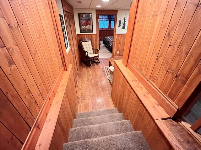 bathroom featuring wooden walls, vanity, an enclosed shower, and toilet