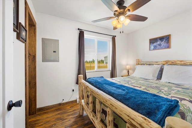 bedroom featuring electric panel, ceiling fan, and dark hardwood / wood-style floors