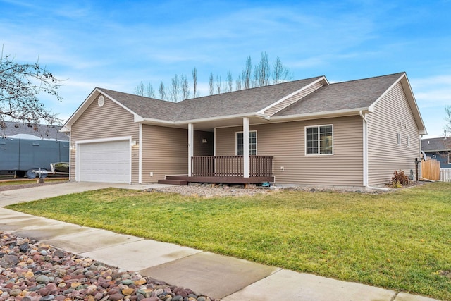 ranch-style house with a front yard, a porch, and a garage