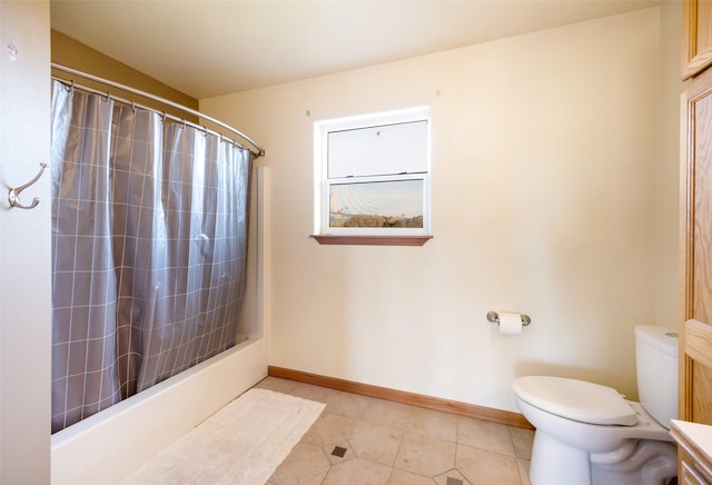 bathroom featuring tile patterned flooring, shower / bathtub combination with curtain, and toilet