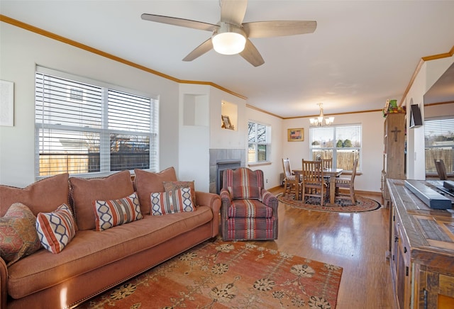 living room featuring a tile fireplace, crown molding, hardwood / wood-style floors, and ceiling fan with notable chandelier