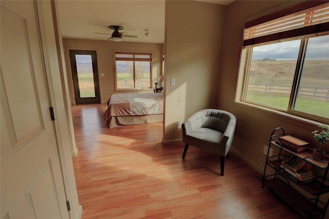 bedroom featuring light hardwood / wood-style floors and ceiling fan