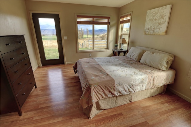 bedroom featuring light wood-type flooring, multiple windows, and access to outside