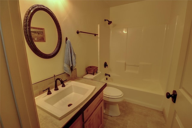 full bathroom featuring shower / washtub combination, toilet, and vanity