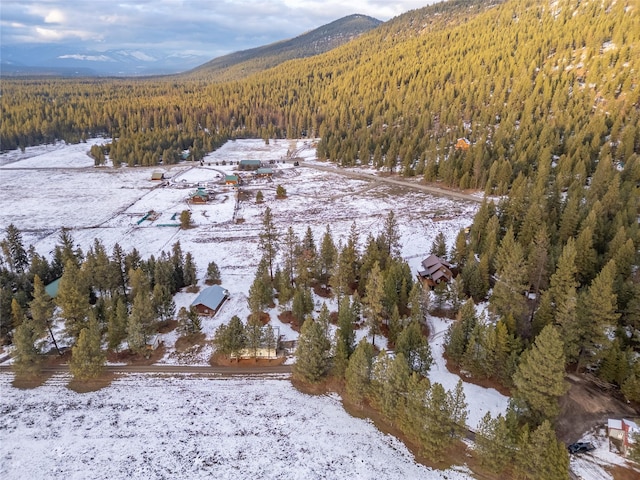 snowy aerial view with a mountain view