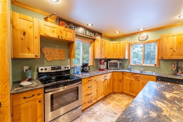 kitchen with sink, ornamental molding, stainless steel appliances, and dark stone counters