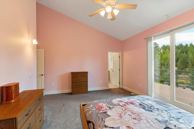 bedroom with carpet, ceiling fan, and lofted ceiling