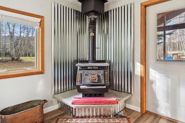 interior details featuring hardwood / wood-style flooring and a wood stove