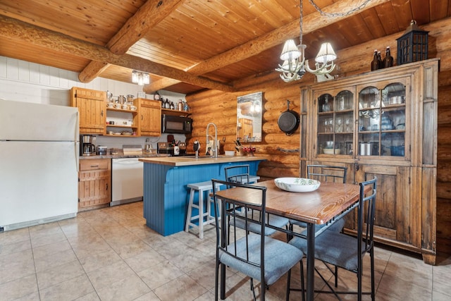 dining space featuring beam ceiling, sink, log walls, a chandelier, and wood ceiling