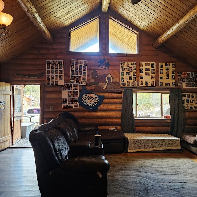 living room featuring hardwood / wood-style floors, wood ceiling, rustic walls, and vaulted ceiling with beams