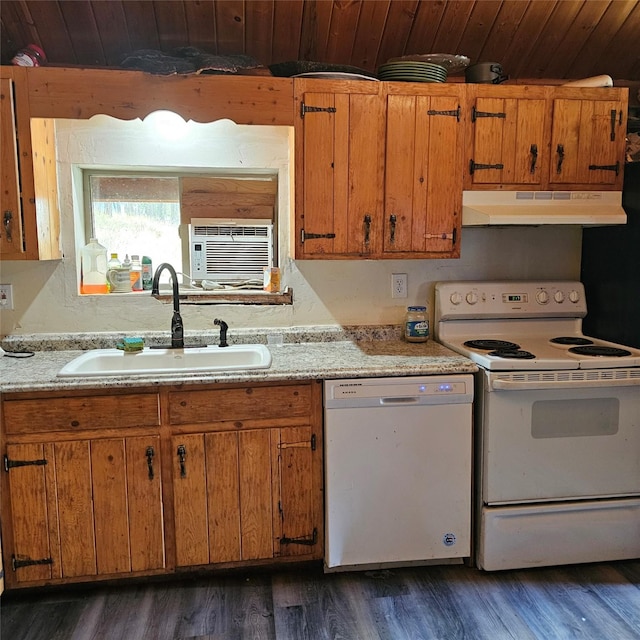 kitchen featuring white appliances, wood ceiling, a wall mounted air conditioner, dark hardwood / wood-style floors, and sink