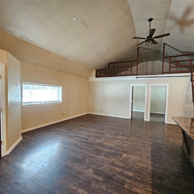 unfurnished living room with ceiling fan, lofted ceiling, and dark hardwood / wood-style floors