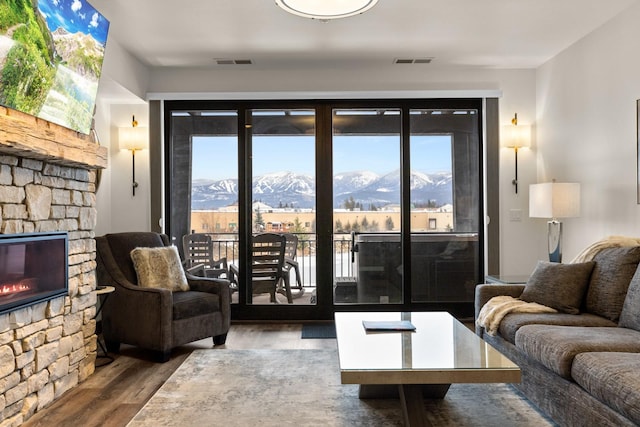 living room with a mountain view, hardwood / wood-style floors, a stone fireplace, and plenty of natural light