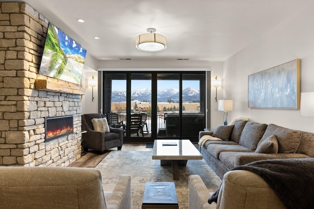 living room featuring a stone fireplace and wood finished floors