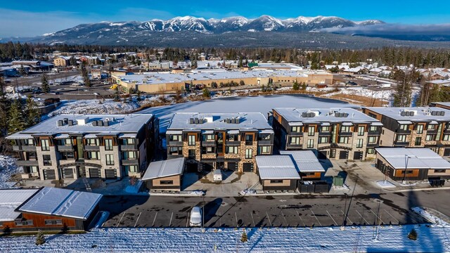 snowy aerial view with a mountain view