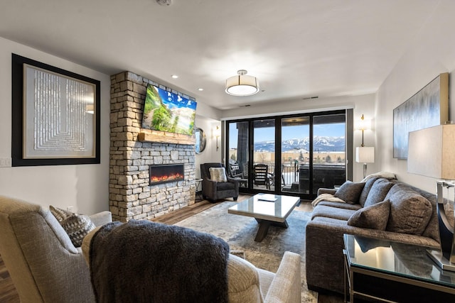 living area with wood finished floors and a stone fireplace