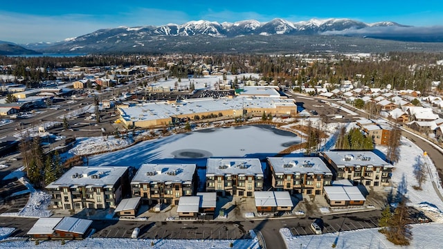 snowy aerial view featuring a mountain view