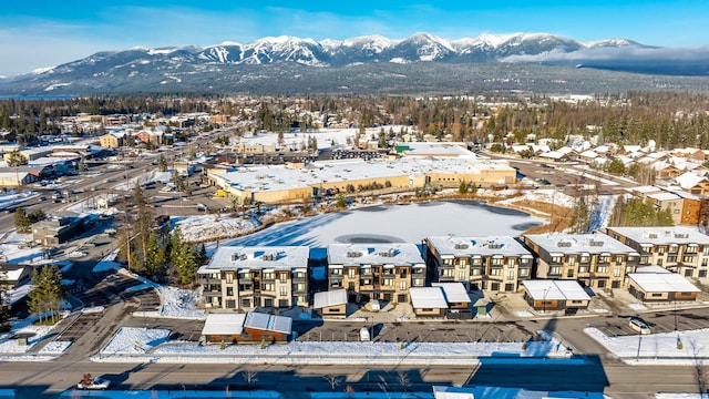 snowy aerial view with a mountain view