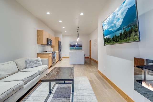 living room with light hardwood / wood-style floors and sink