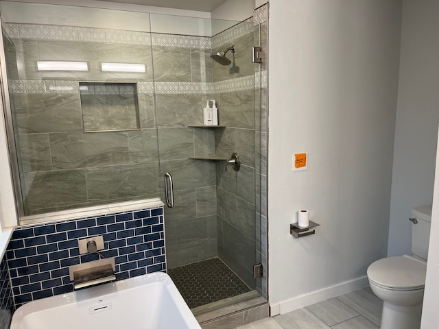 bathroom with a shower with door, wood-type flooring, and toilet