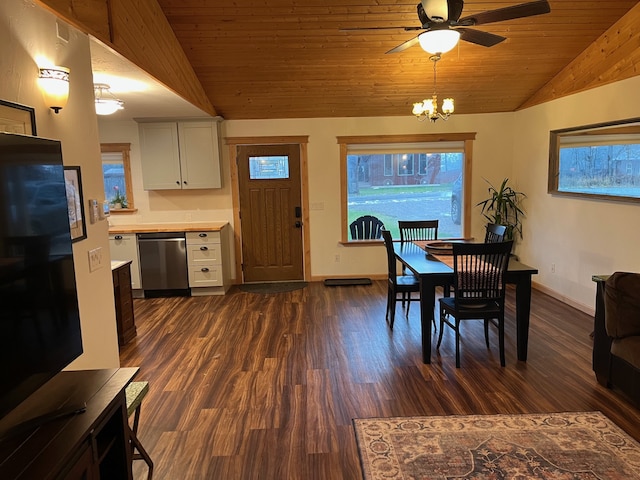 dining room featuring ceiling fan with notable chandelier, dark hardwood / wood-style flooring, lofted ceiling, and wood ceiling