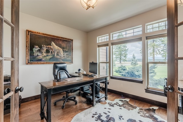 home office with french doors, baseboards, and wood finished floors