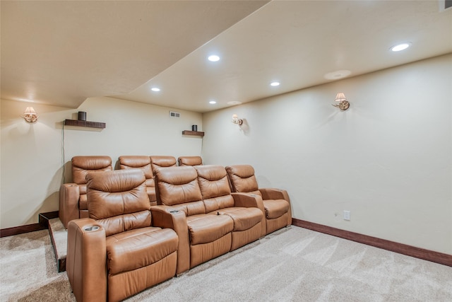 home theater featuring recessed lighting, visible vents, baseboards, and light colored carpet