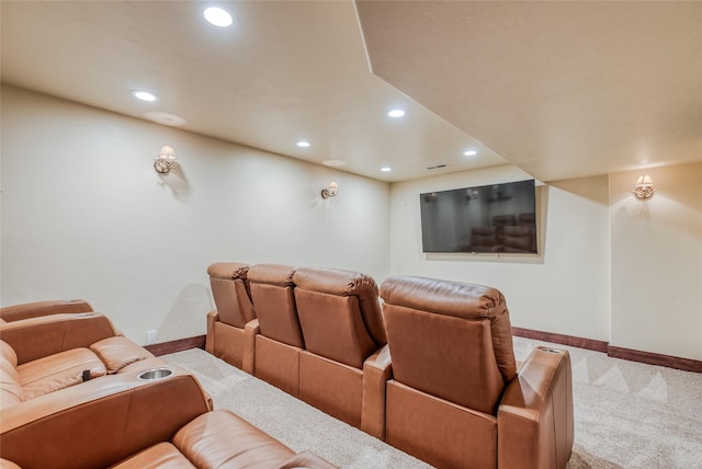 carpeted cinema room with baseboards and recessed lighting