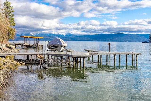 view of dock featuring a water and mountain view