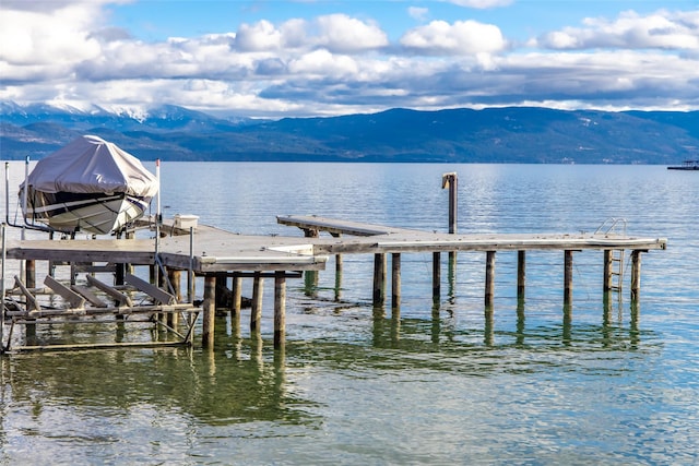 view of dock featuring a water and mountain view