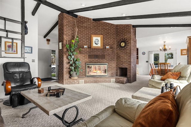 living room featuring carpet flooring, high vaulted ceiling, beamed ceiling, a notable chandelier, and a fireplace