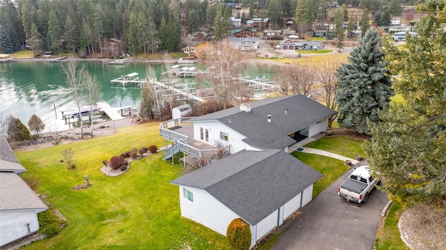 drone / aerial view featuring a water view