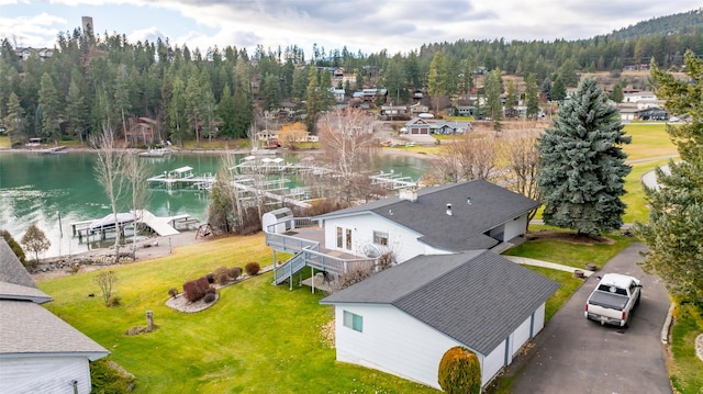 drone / aerial view featuring a water view