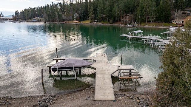 view of dock with a water view