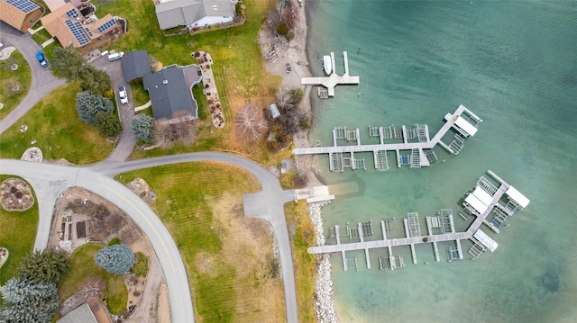 drone / aerial view featuring a water view