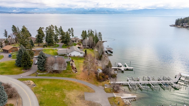 bird's eye view featuring a water and mountain view