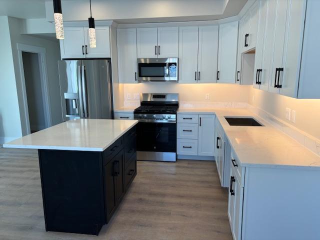 kitchen with white cabinetry, hanging light fixtures, stainless steel appliances, and a center island