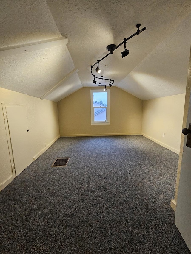 additional living space with carpet flooring, a textured ceiling, and vaulted ceiling