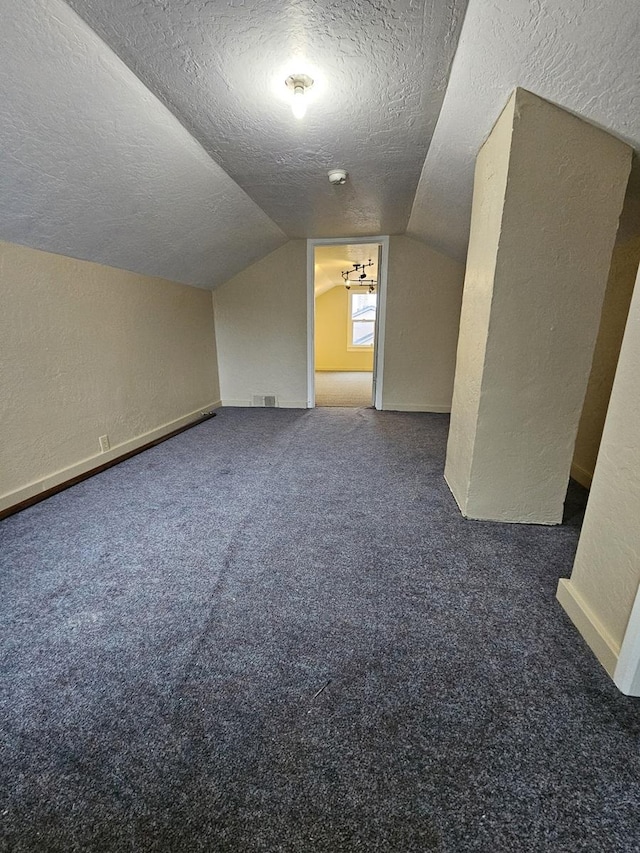 1733 S 11th St W, Missoula, MT 59801 - additional living space with a textured wall, a textured ceiling, lofted ceiling, and carpet floors